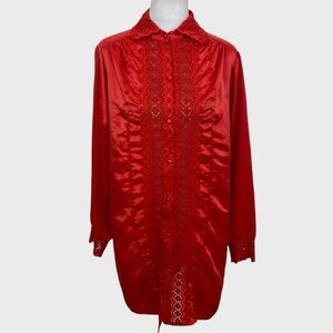 Vintage Barbizon Red Satin Eyelet Lace Collared Night Shirt Mini Dress Small